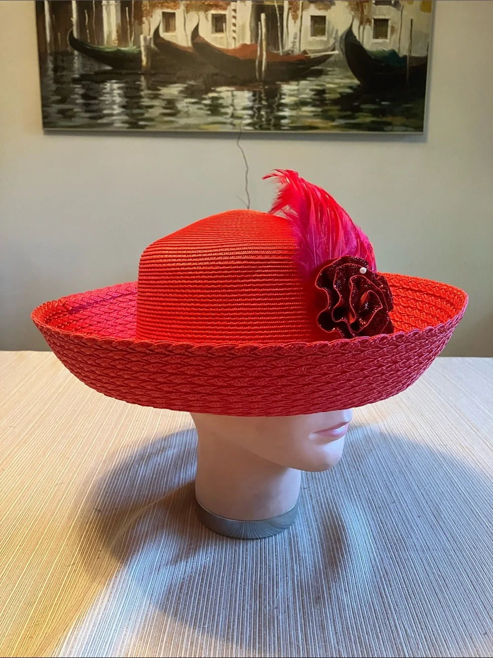 Elegant Women's Red Wide-Brim Straw Hat with Red Floral and Feather Accent